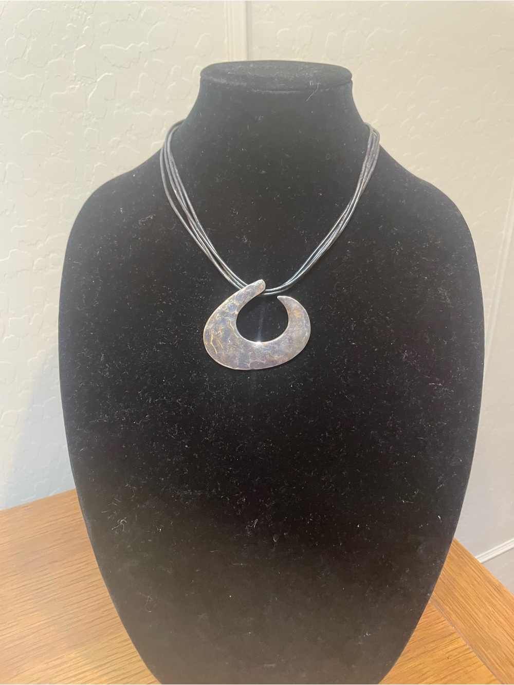 Chico's Silver Abstract Crescent Pendant on Black Multi-Strand Cord